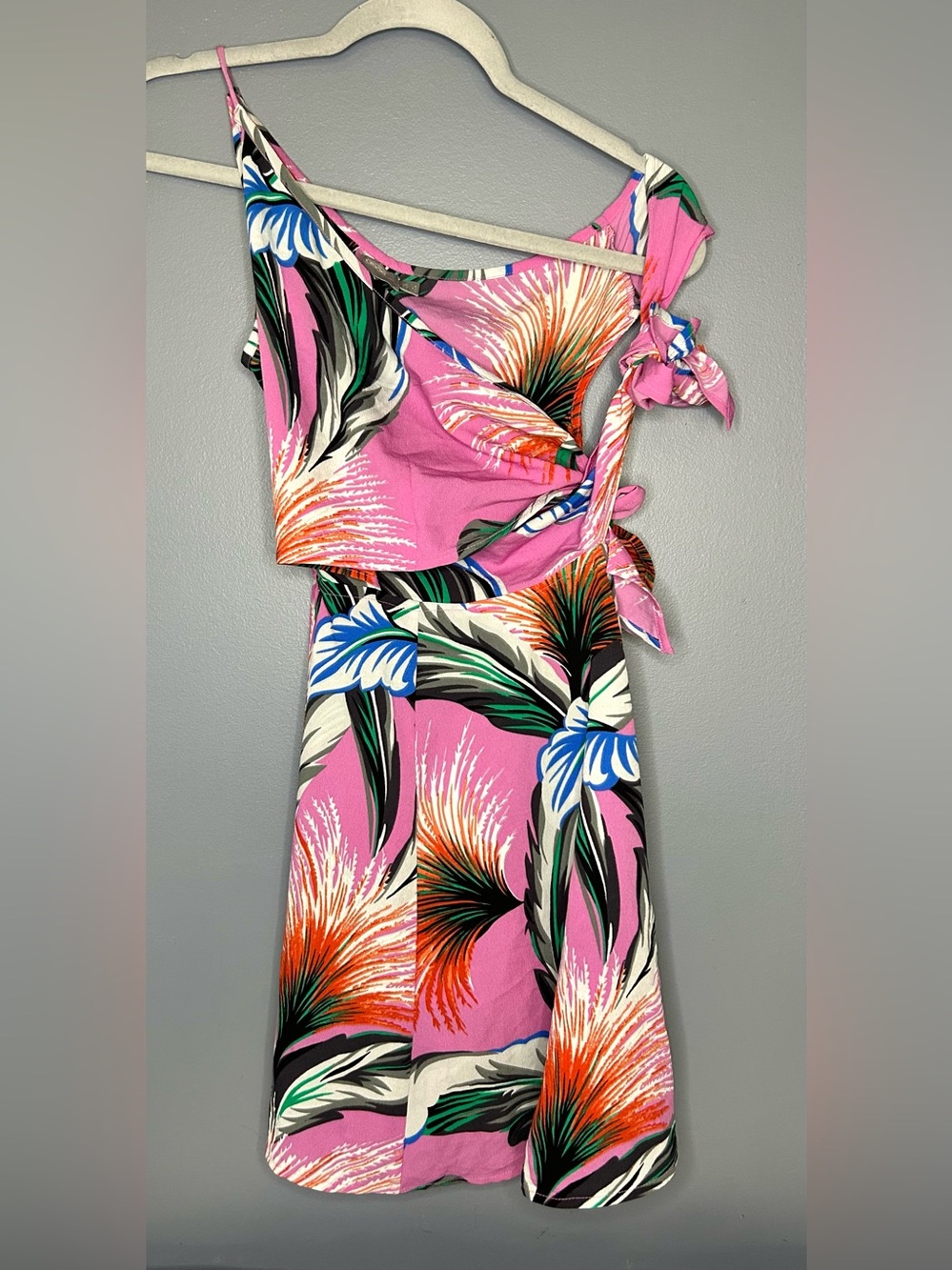 ASOS Dress 0 Pink Tropical Floral One Shoulder Fit & Flare Sundress Mini Resort